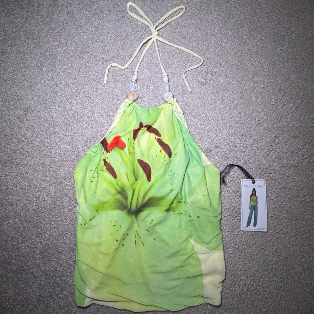 Tropical Spring Summer Green Flower Floral Halter Top with beads